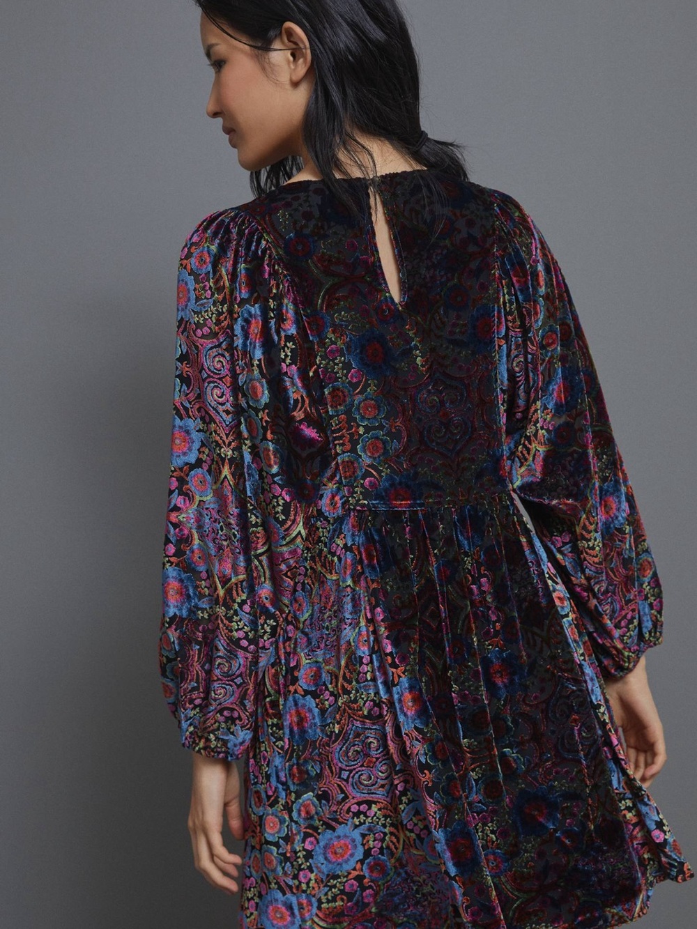 Anthropologie Mona Burnout Velvet Mini Dress Black Floral Boho Puff Sleeve L - Picture 3 of 13